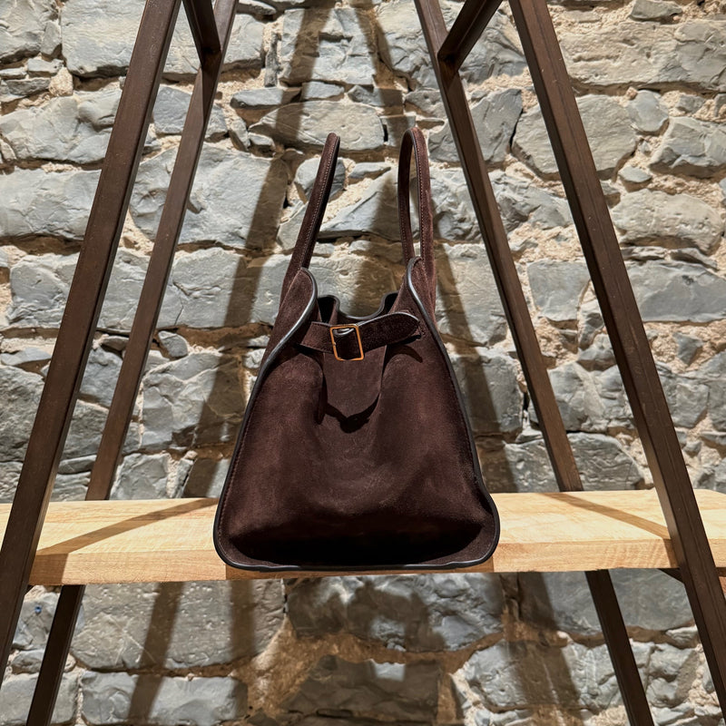 One side of The Row Mocha Brown Suede Soft Margaux 15 Bag