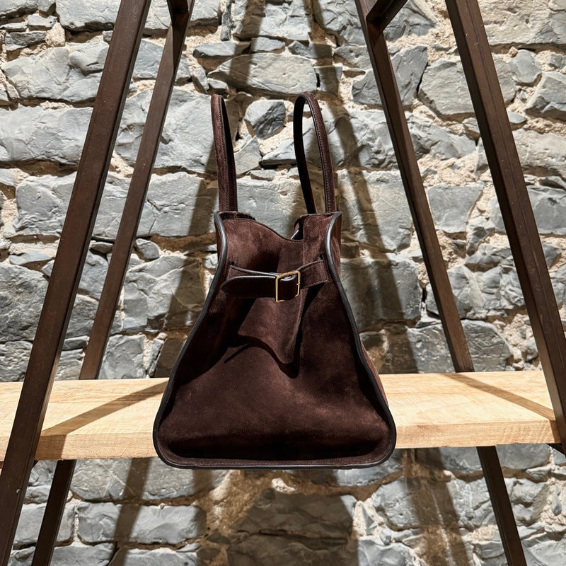 One side of The Row Mocha Brown Suede Soft Margaux 15 Bag