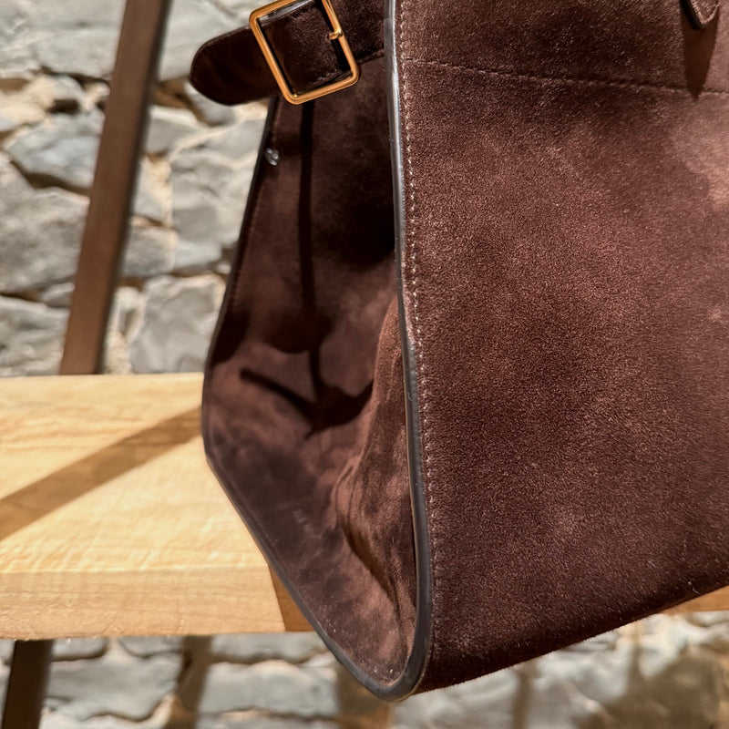 Close-up side view of The Row Mocha Brown Suede Soft Margaux 15 Bag