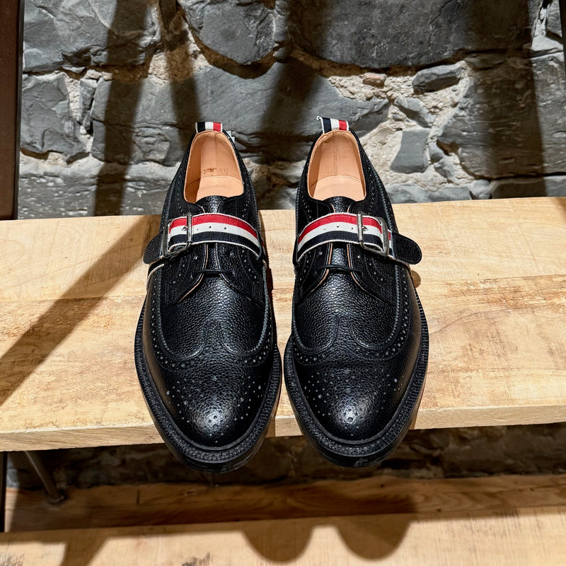 Top view of Thom Browne Black Pebbled Grosgrain Tricolour Strap Long Wingtip Shoes