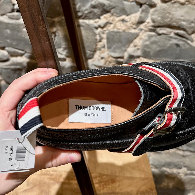 Insole of Thom Browne Black Pebbled Grosgrain Tricolour Strap Long Wingtip Shoes