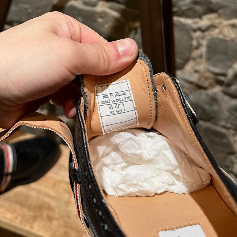 Patch of Thom Browne Black Pebbled Grosgrain Tricolour Strap Long Wingtip Shoes