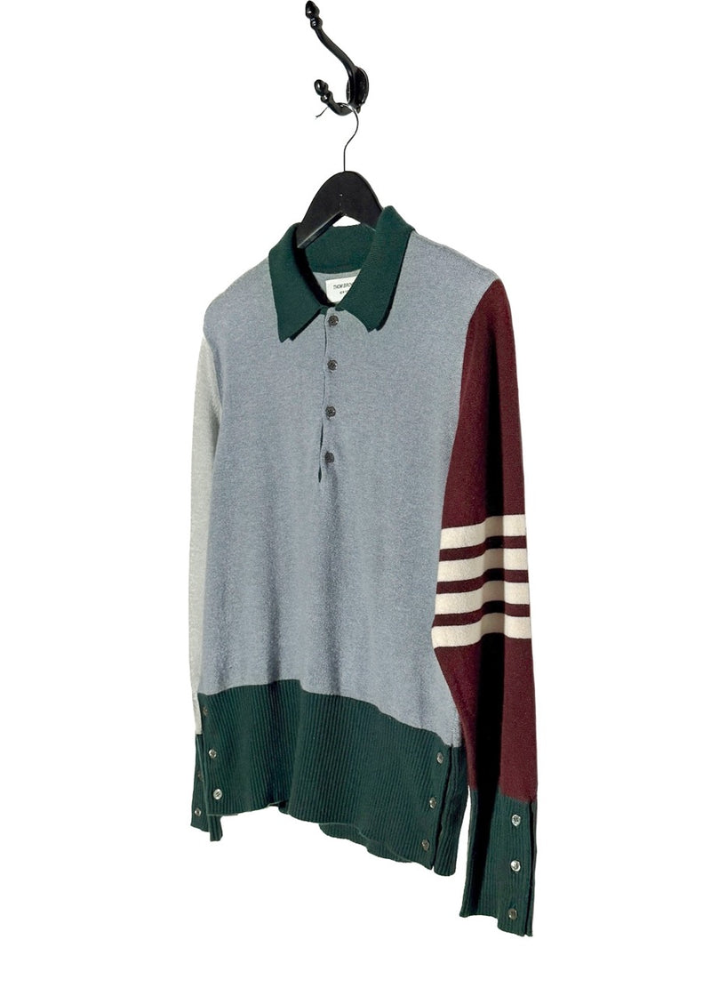 Side front view of Thom Browne Blue Burgundy Green Colourblock Cashmere Long Sleeves Polo