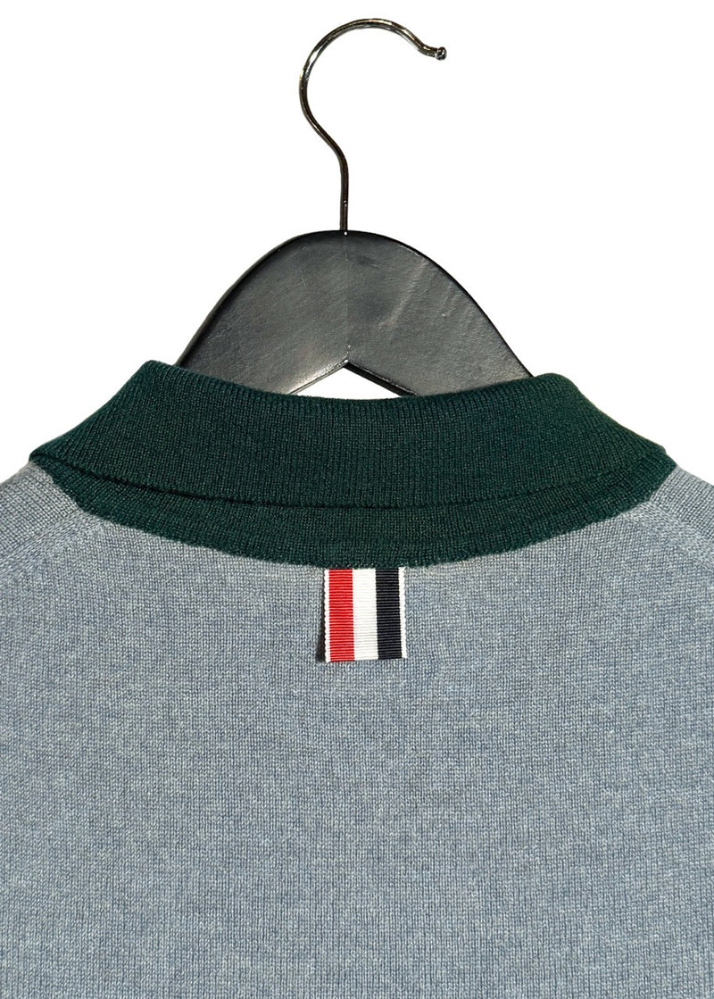 Brand detail on Thom Browne Blue Burgundy Green Colourblock Cashmere Long Sleeves Polo