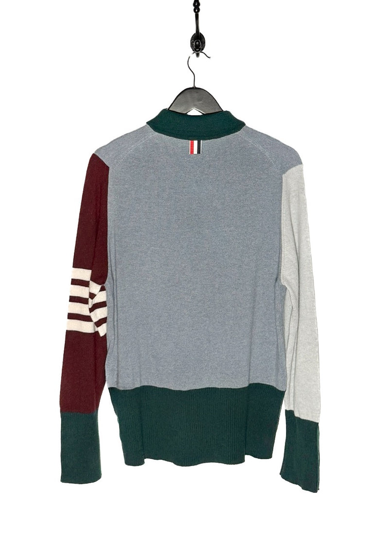 Back view of Thom Browne Blue Burgundy Green Colourblock Cashmere Long Sleeves Polo