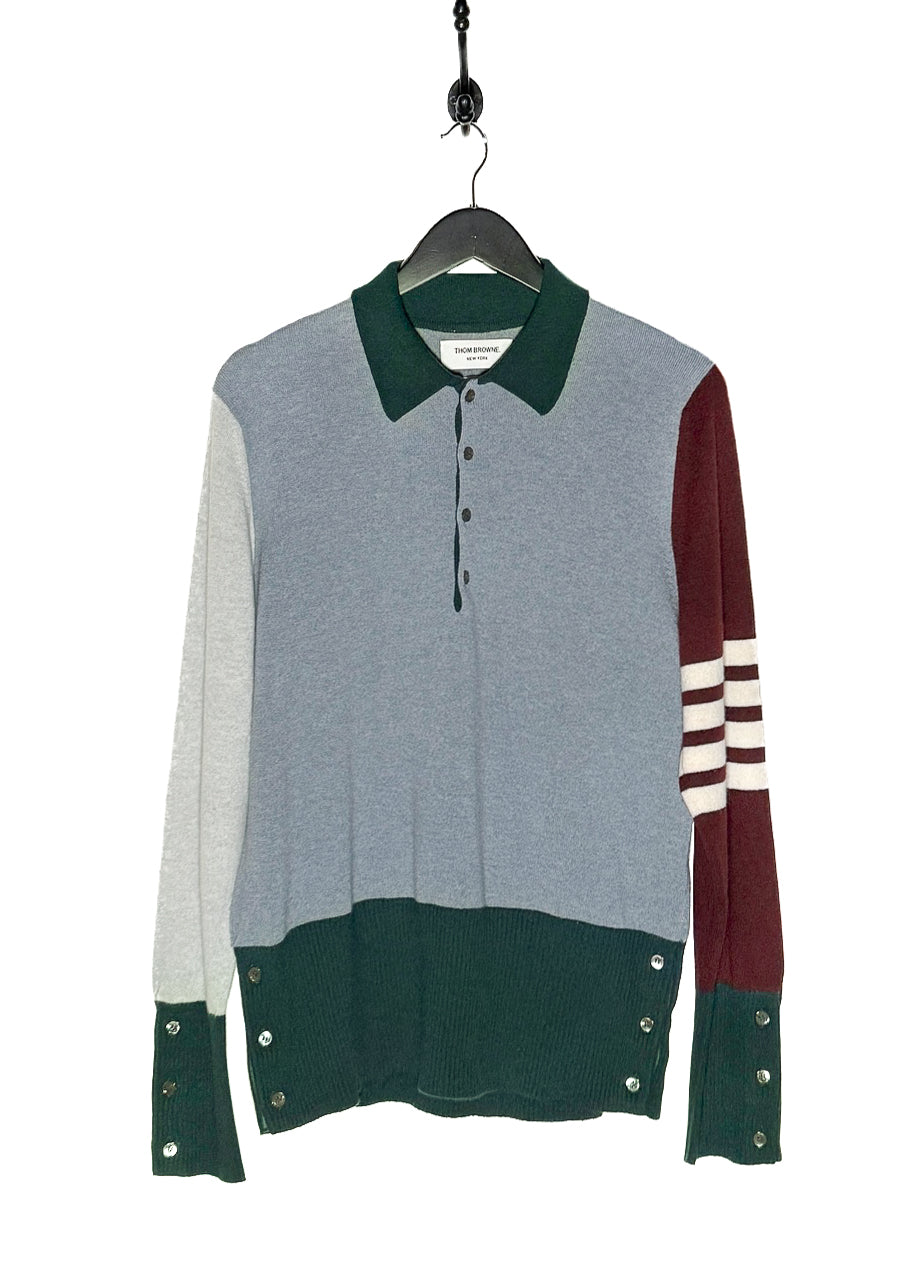 Main photo of Thom Browne Blue Burgundy Green Colourblock Cashmere Long Sleeves Polo