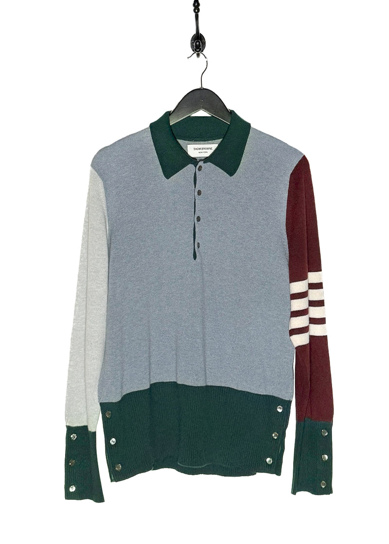 Main photo of Thom Browne Blue Burgundy Green Colourblock Cashmere Long Sleeves Polo
