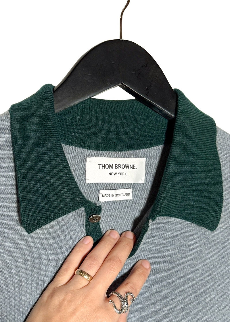 Collar area of Thom Browne Blue Burgundy Green Colourblock Cashmere Long Sleeves Polo