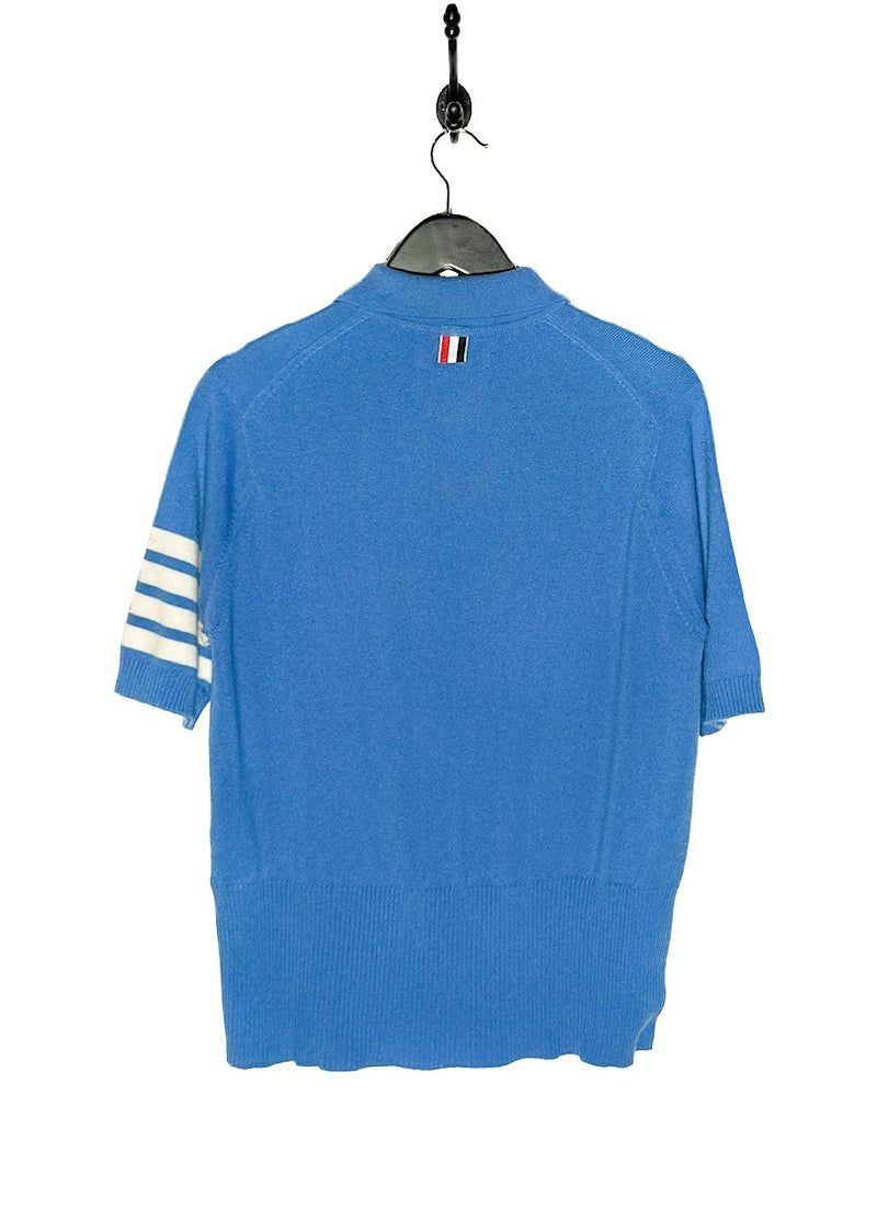 Back view of Thom Browne Blue Cashmere 4-Bar Short Sleeve Knit Polo Shirt