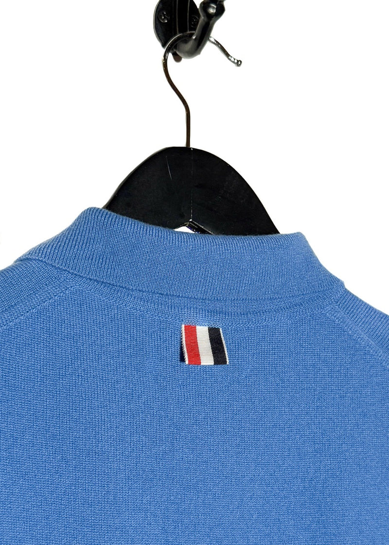 Brand detail on Thom Browne Blue Cashmere 4-Bar Short Sleeve Knit Polo Shirt