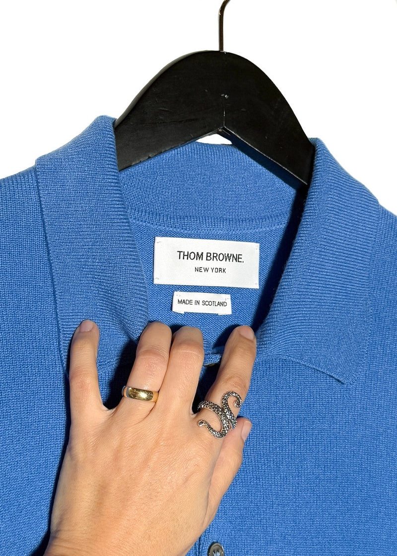Collar area of Thom Browne Blue Cashmere 4-Bar Short Sleeve Knit Polo Shirt