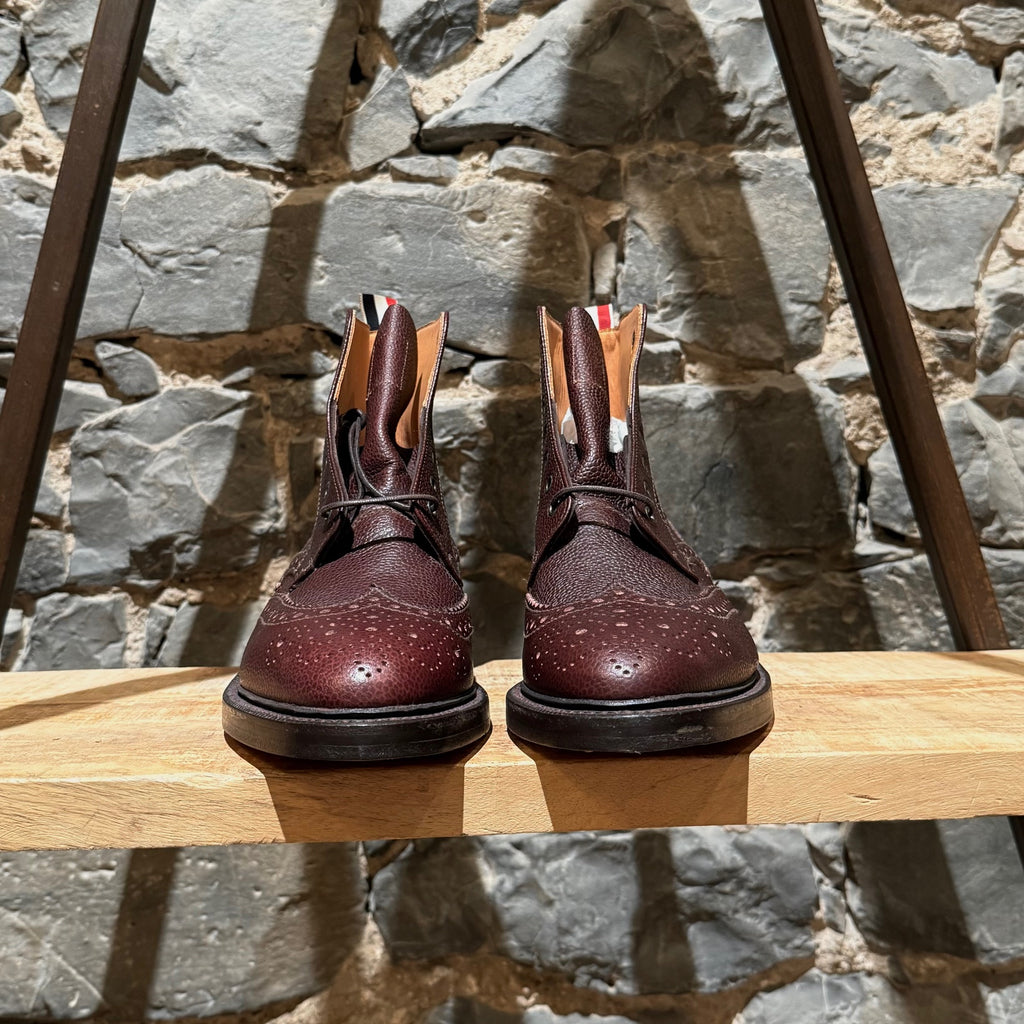 Front view of Thom Browne Burgundy Leather Wingtip Brogue Lace-up Boots