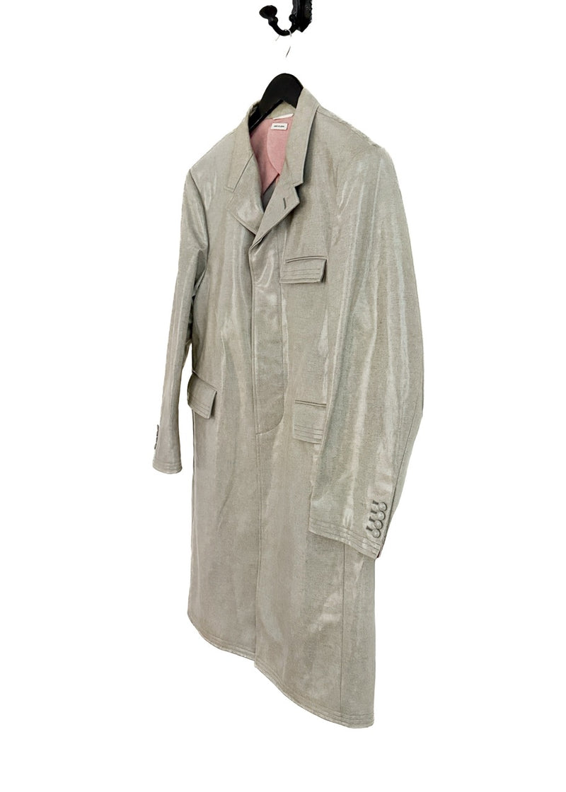 Side front view of Thom Browne Coated Cotton Coat