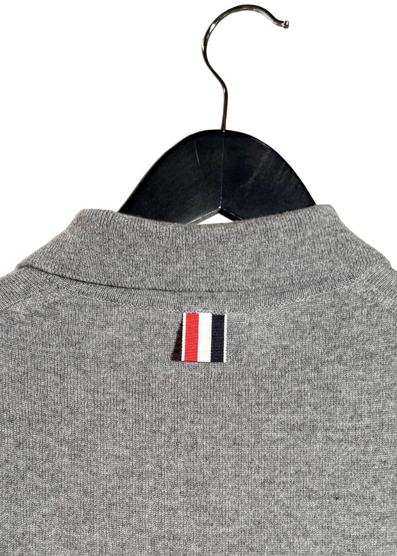 Brand detail on Thom Browne Grey Cashmere 4-Bar Short Sleeve Knit Polo Shirt
