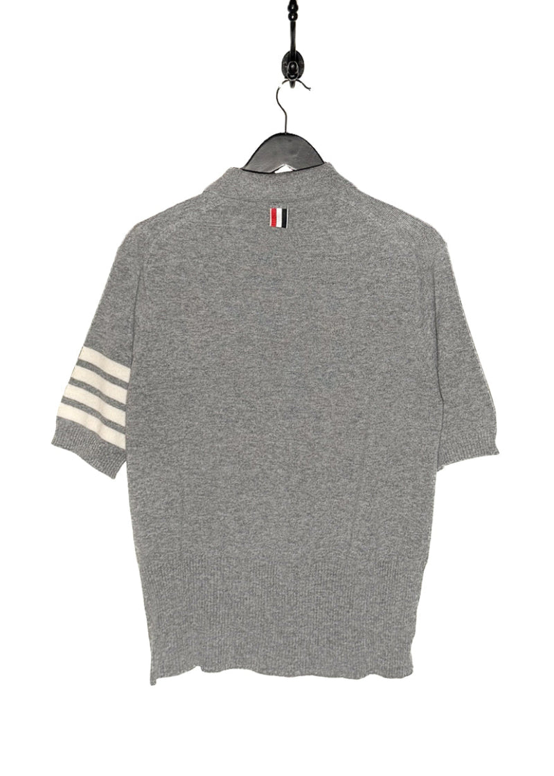 Back view of Thom Browne Grey Cashmere 4-Bar Short Sleeve Knit Polo Shirt
