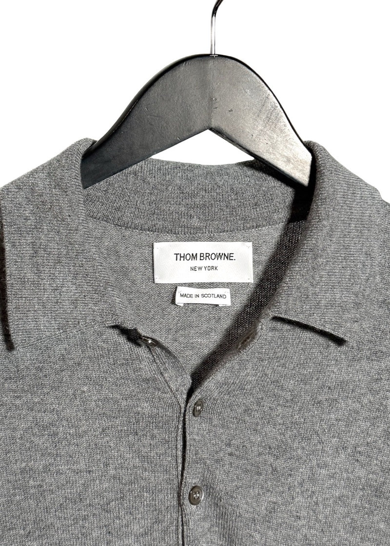 Collar area of Thom Browne Grey Cashmere 4-Bar Short Sleeve Knit Polo Shirt
