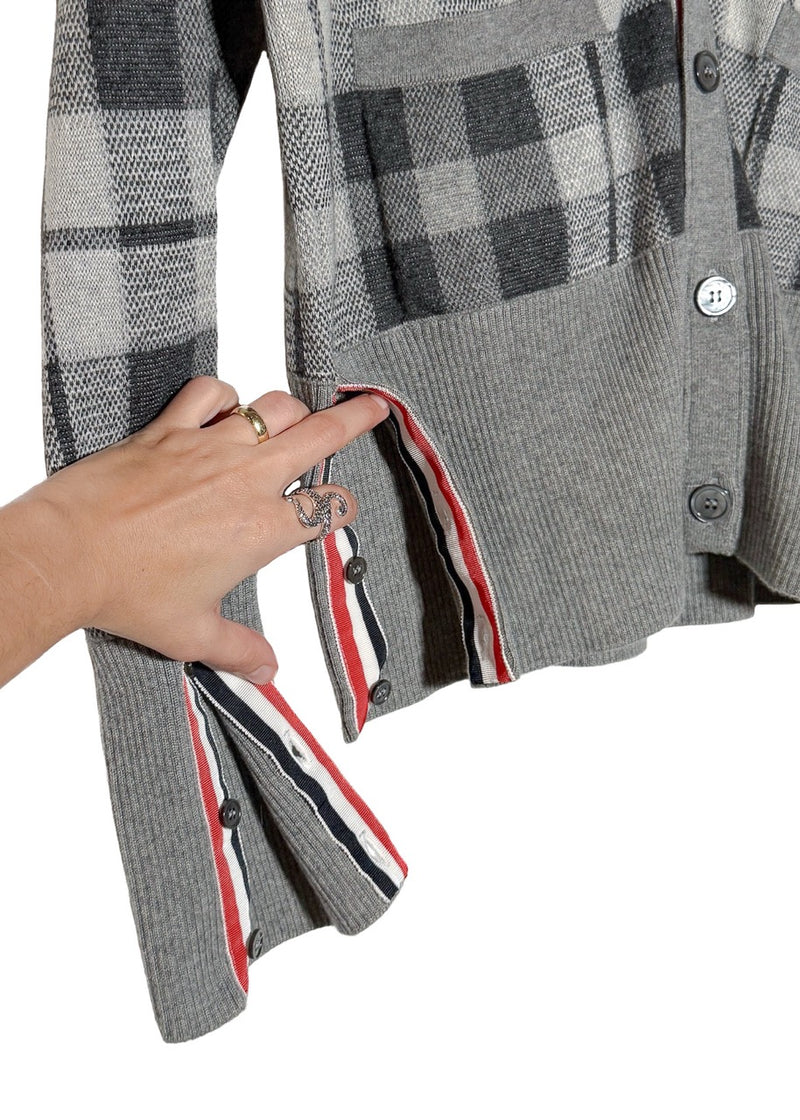 Brand details on Thom Browne Grey Cashmere Tartan Check Cardigan Sweater