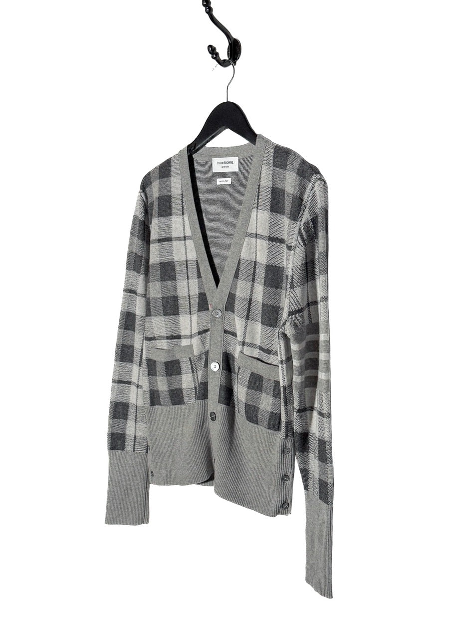 Side front view of Thom Browne Grey Cashmere Tartan Check Cardigan Sweater