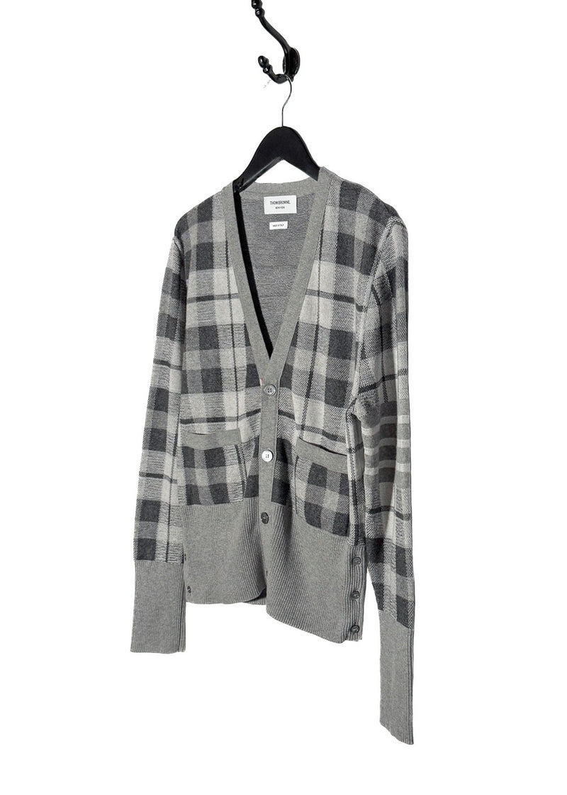 Side front view of Thom Browne Grey Cashmere Tartan Check Cardigan Sweater
