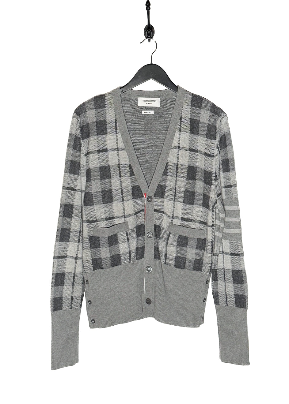 Main photo of Thom Browne Grey Cashmere Tartan Check Cardigan Sweater