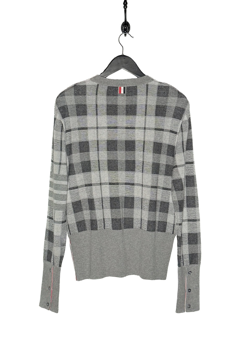 Back view of Thom Browne Grey Cashmere Tartan Check Cardigan Sweater