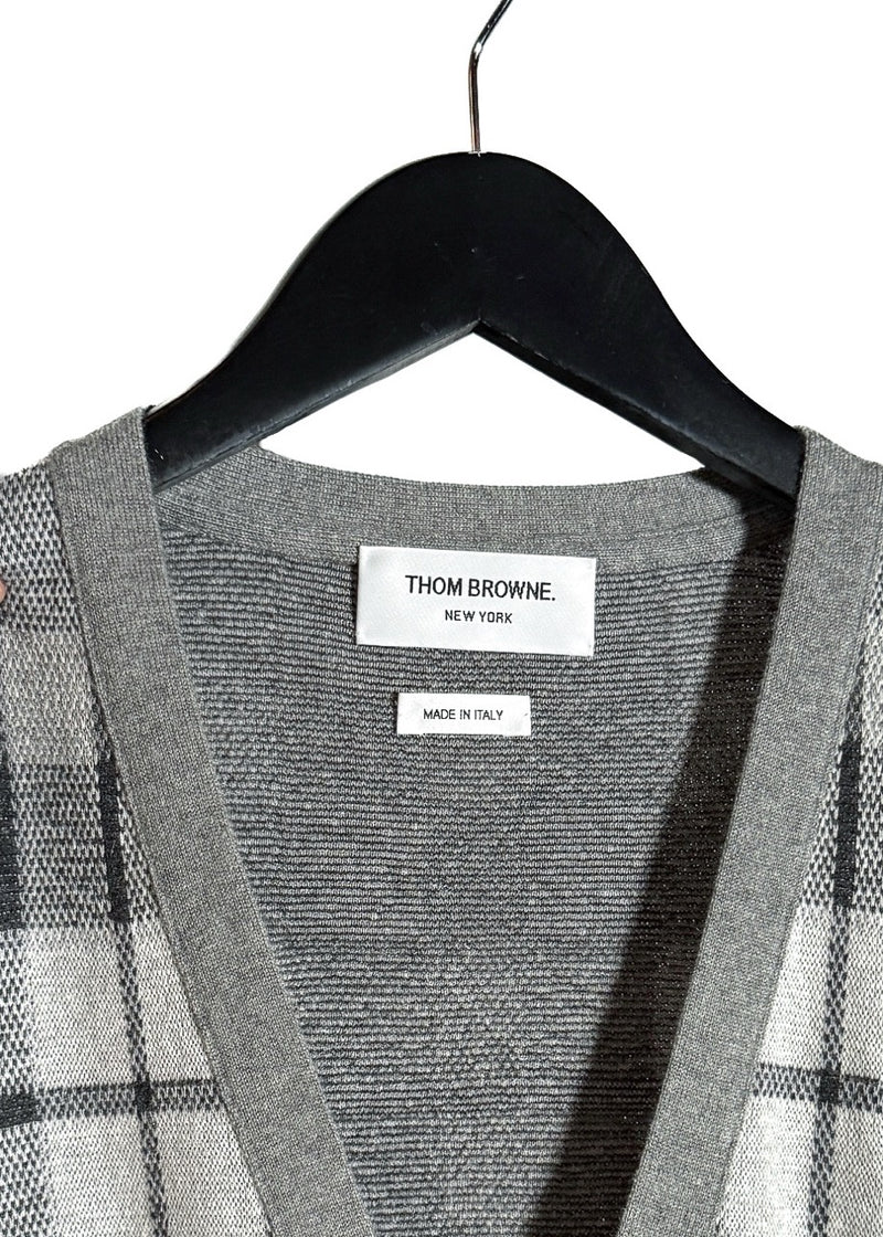 Collar area of Thom Browne Grey Cashmere Tartan Check Cardigan Sweater