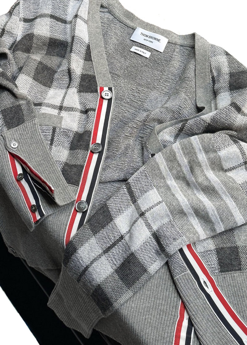Close-up on Thom Browne Grey Cashmere Tartan Check Cardigan Sweater