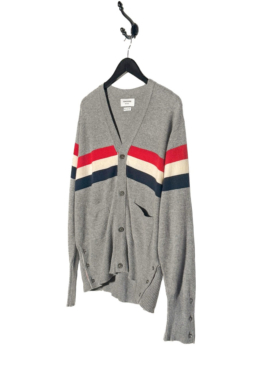 Thom Browne Grey Cashmere Tricolour Stripes Cardigan Sweater