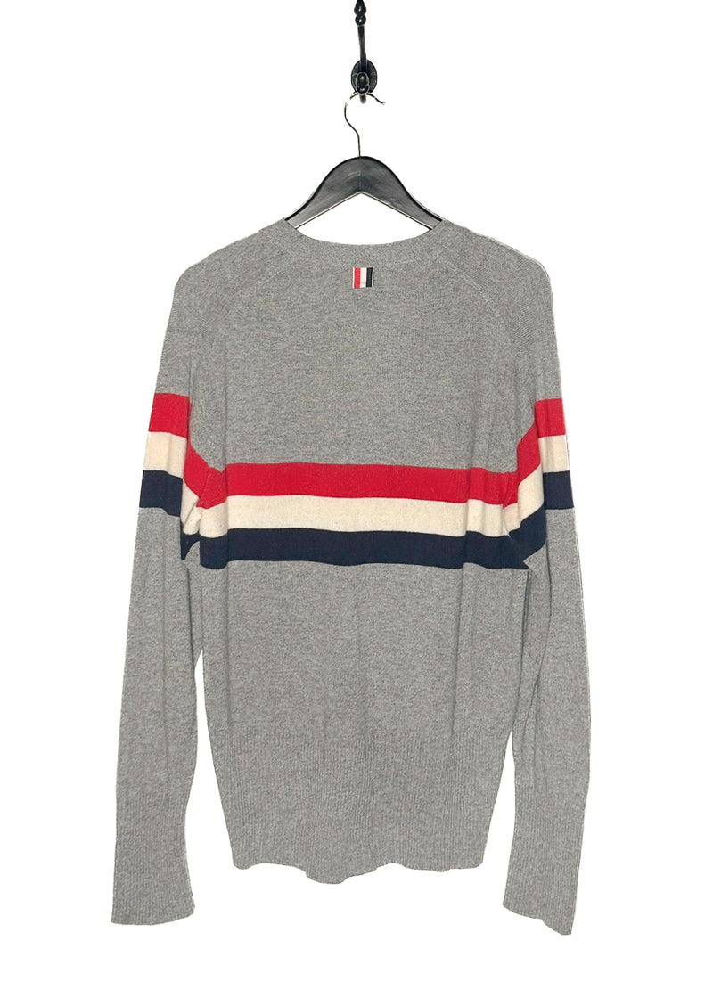 Thom Browne Grey Cashmere Tricolour Stripes Cardigan Sweater