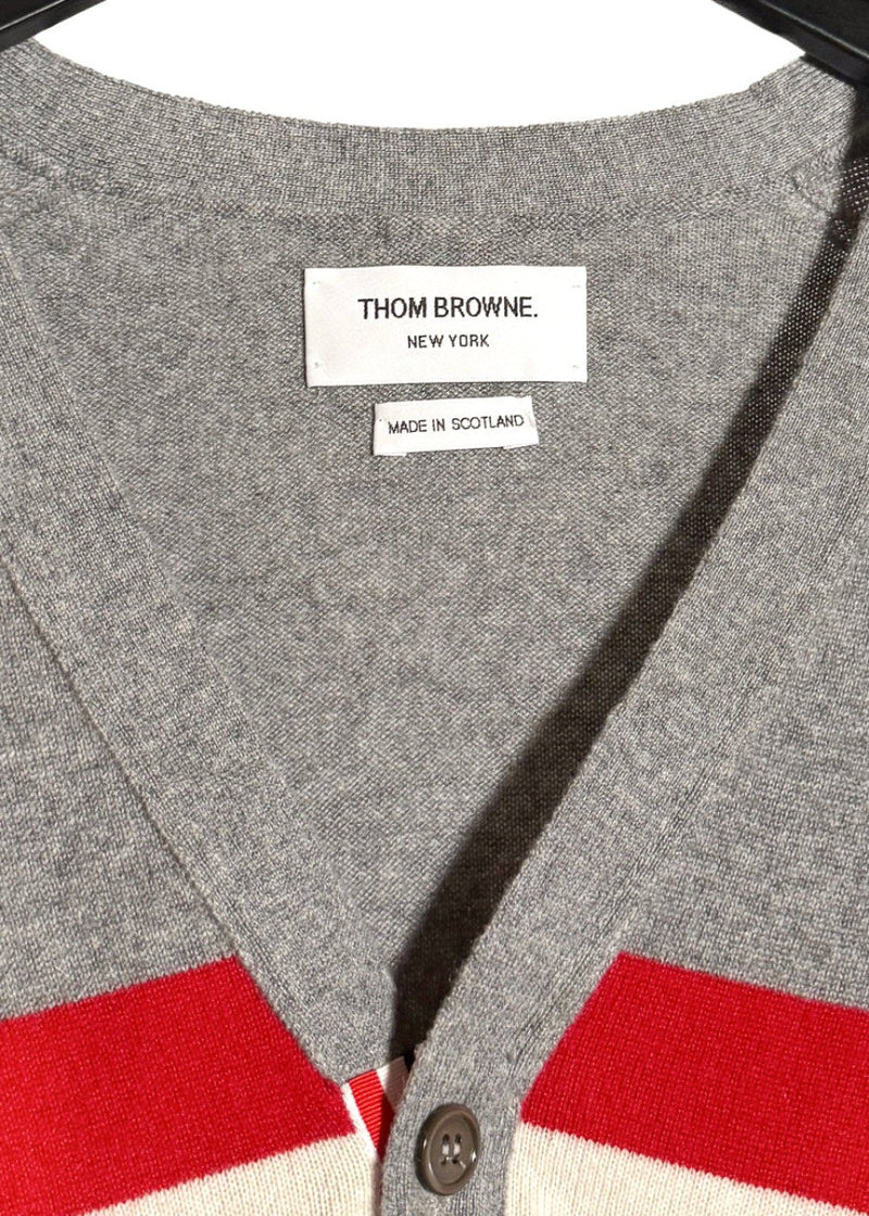 Thom Browne Grey Cashmere Tricolour Stripes Cardigan Sweater