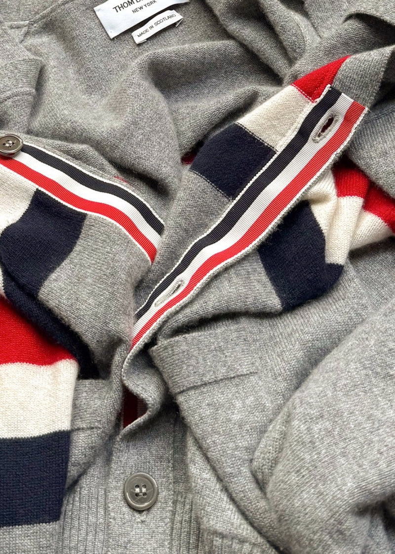 Thom Browne Grey Cashmere Tricolour Stripes Cardigan Sweater