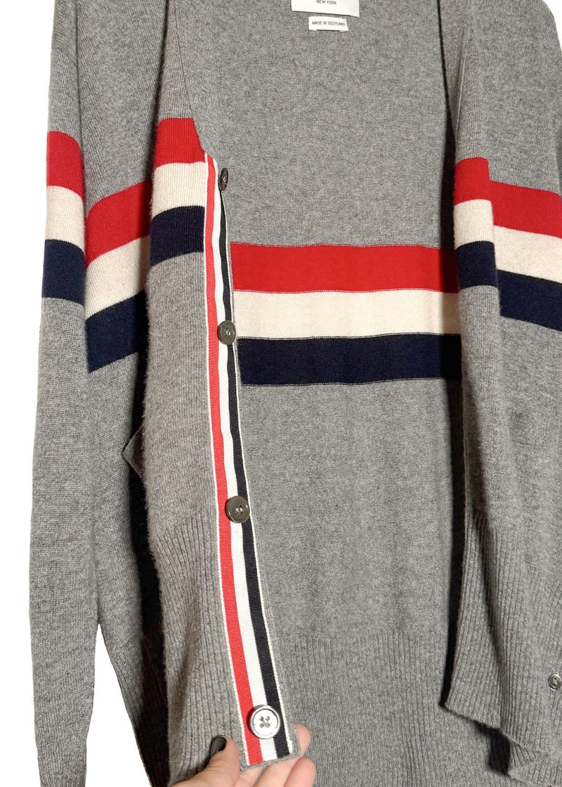 Thom Browne Grey Cashmere Tricolour Stripes Cardigan Sweater