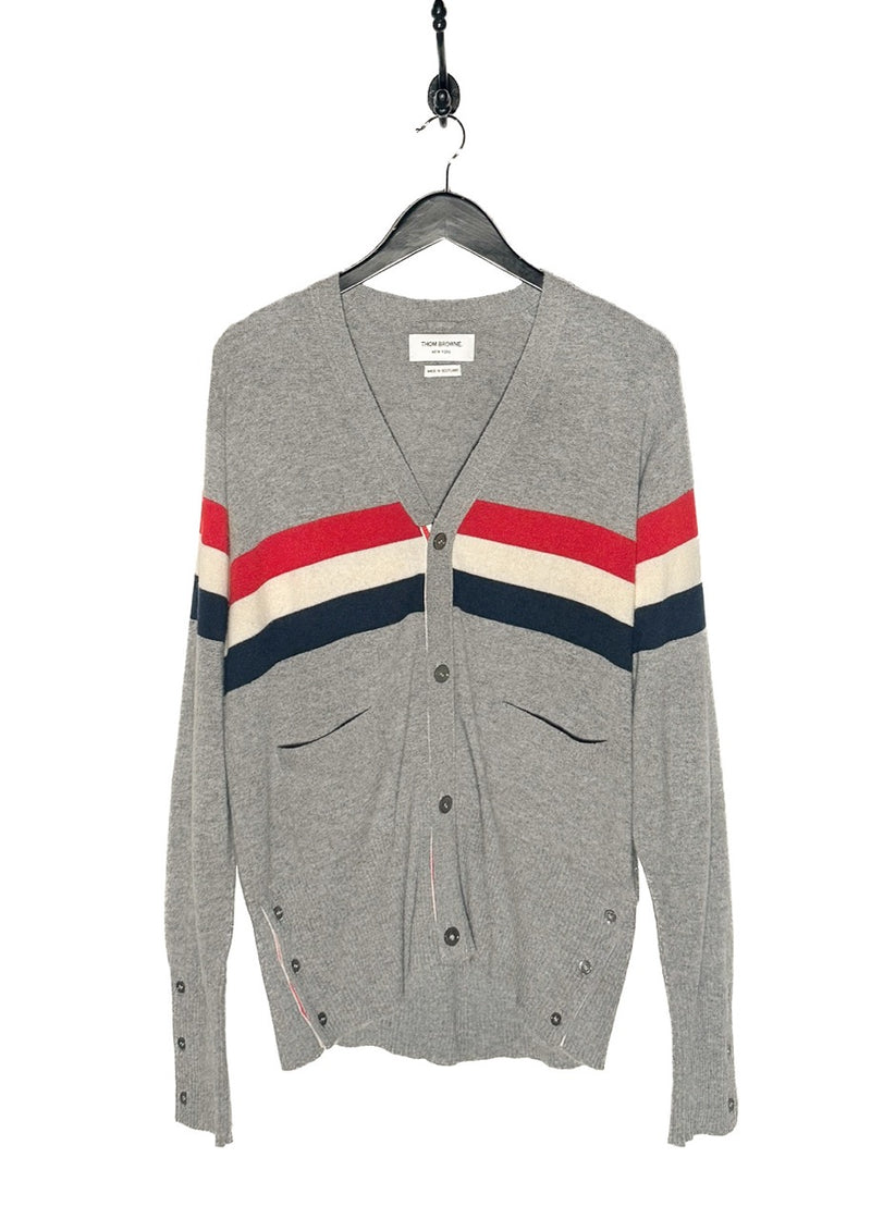 Thom Browne Grey Cashmere Tricolour Stripes Cardigan Sweater