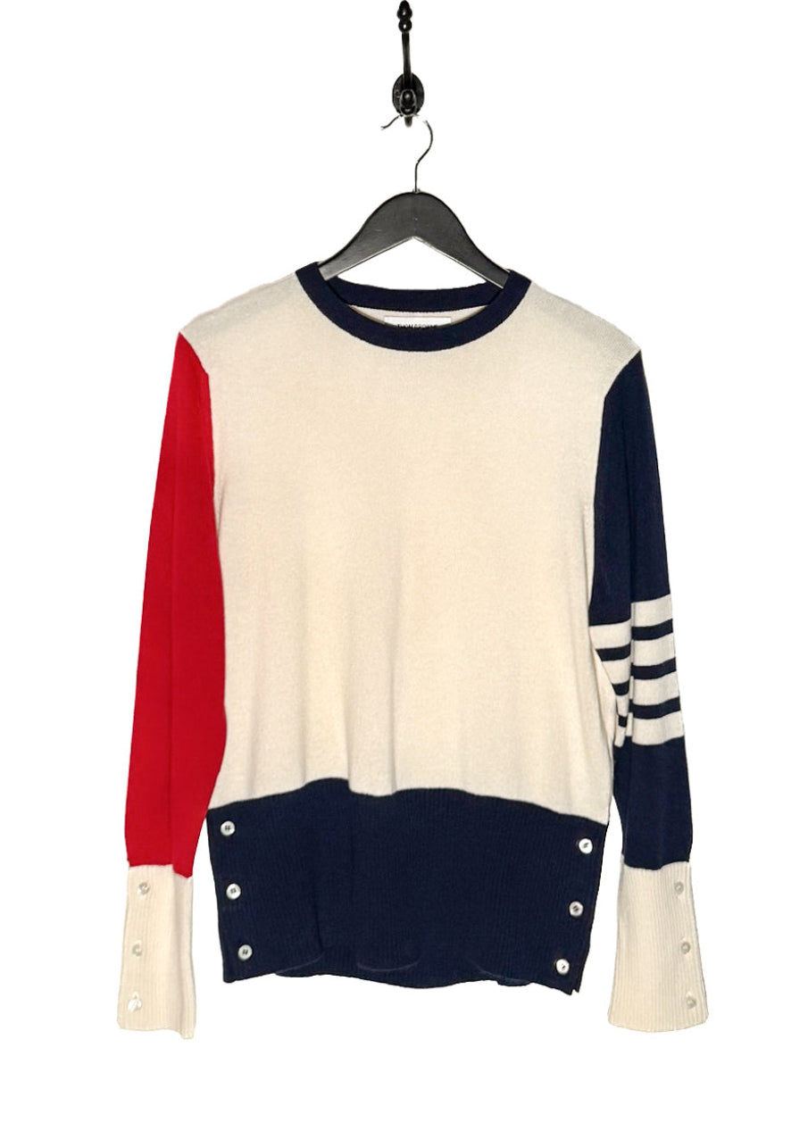 Thom Browne Ivory Colourblock Red Navy Cashmere Crewneck Sweater