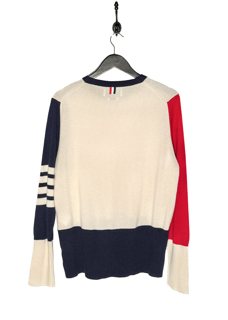 Thom Browne Ivory Colourblock Red Navy Cashmere Crewneck Sweater