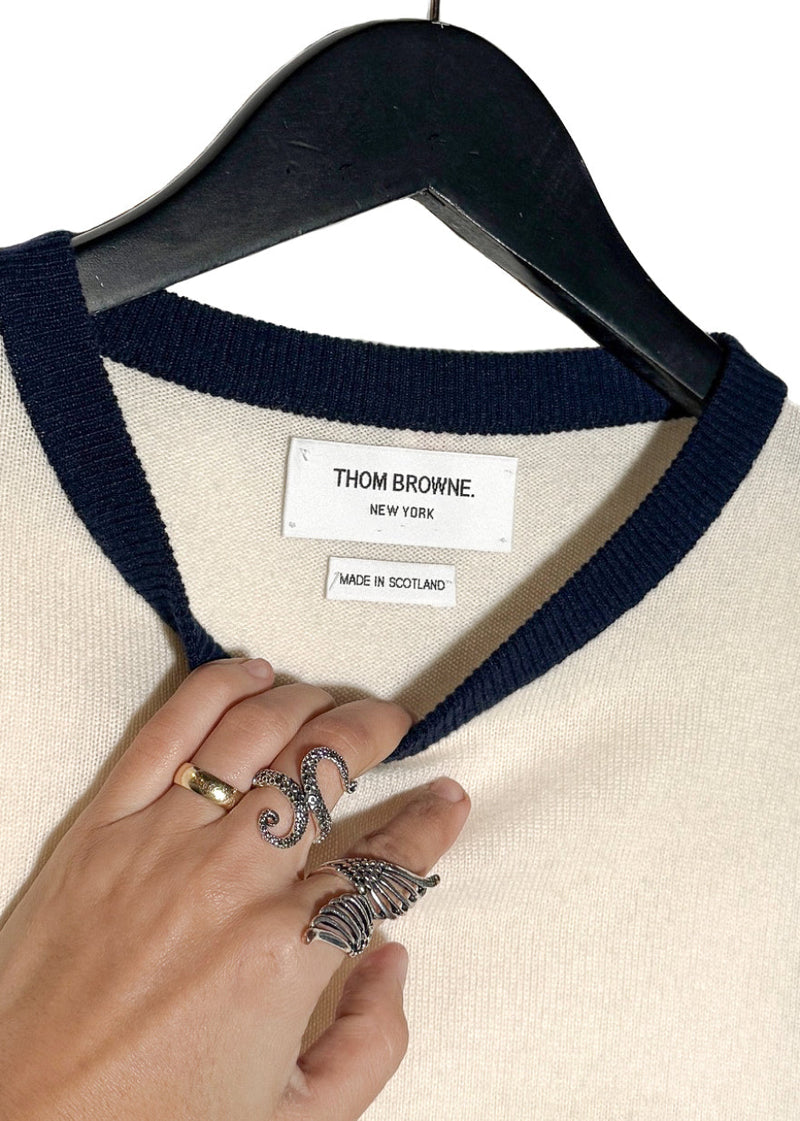 Thom Browne Ivory Colourblock Red Navy Cashmere Crewneck Sweater