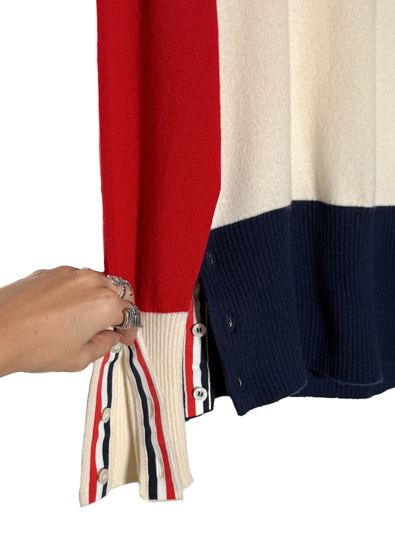 Thom Browne Ivory Colourblock Red Navy Cashmere Crewneck Sweater