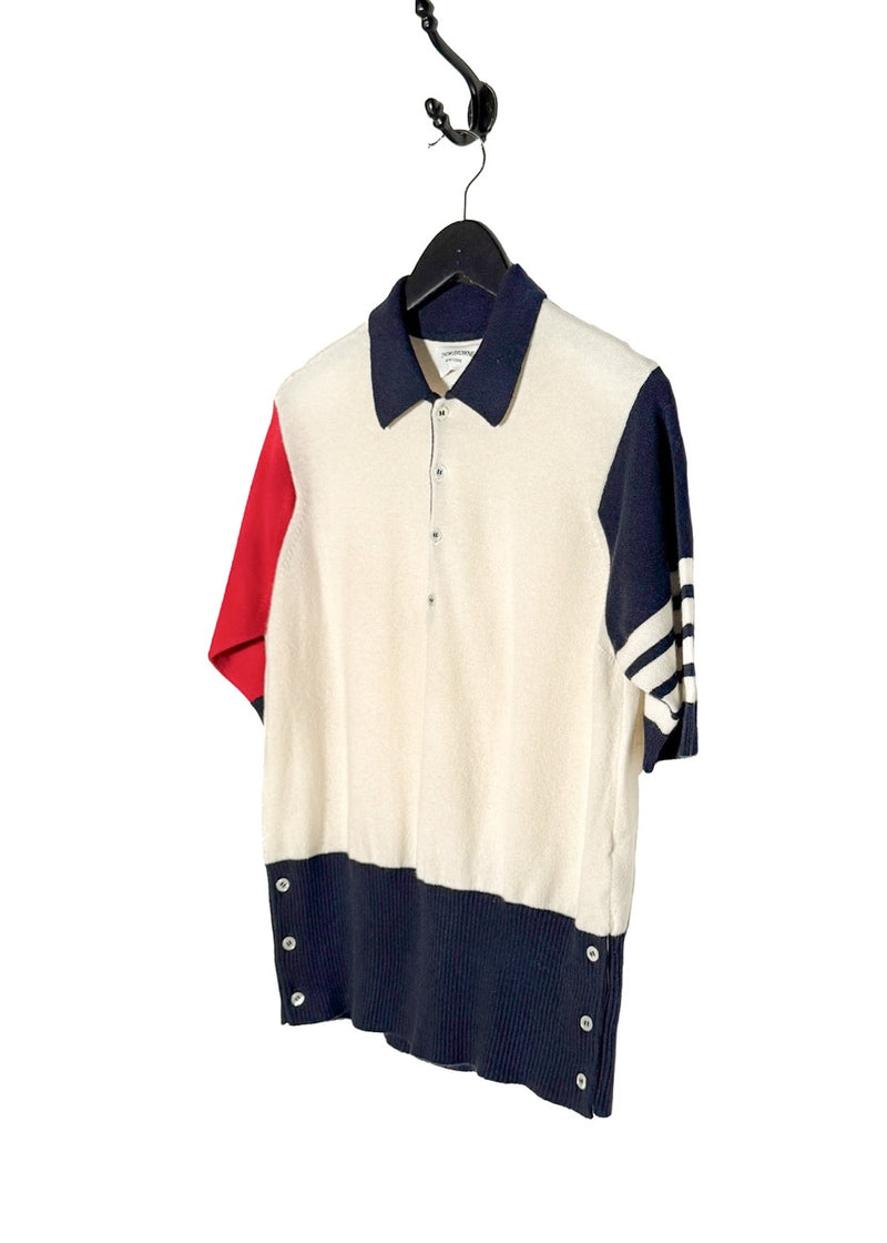 Side front view of Thom Browne Ivory Colourblock Red Navy Cashmere Polo Shirt