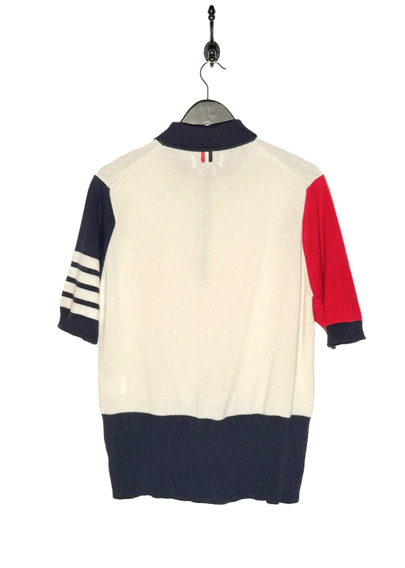 Back view of Thom Browne Ivory Colourblock Red Navy Cashmere Polo Shirt