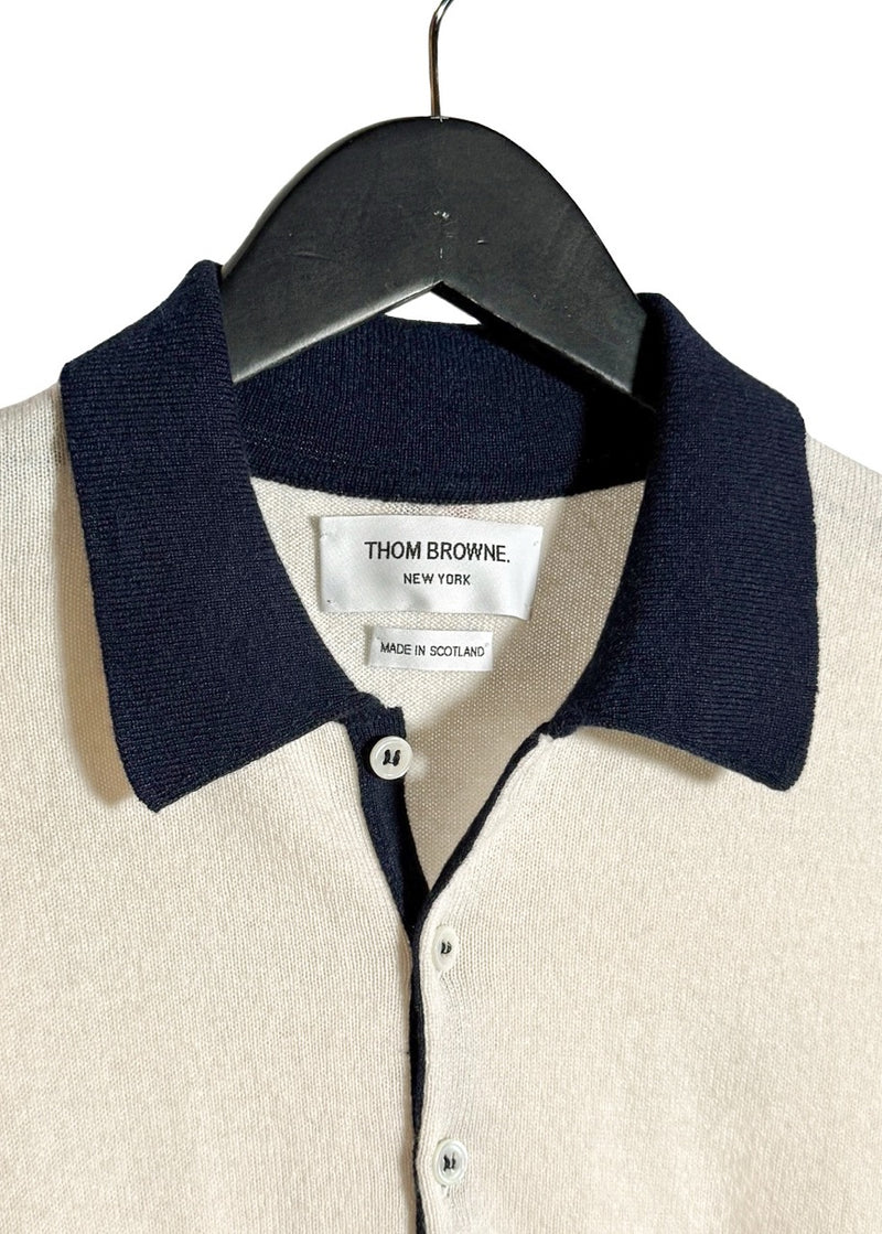 Collar area of Thom Browne Ivory Colourblock Red Navy Cashmere Polo Shirt