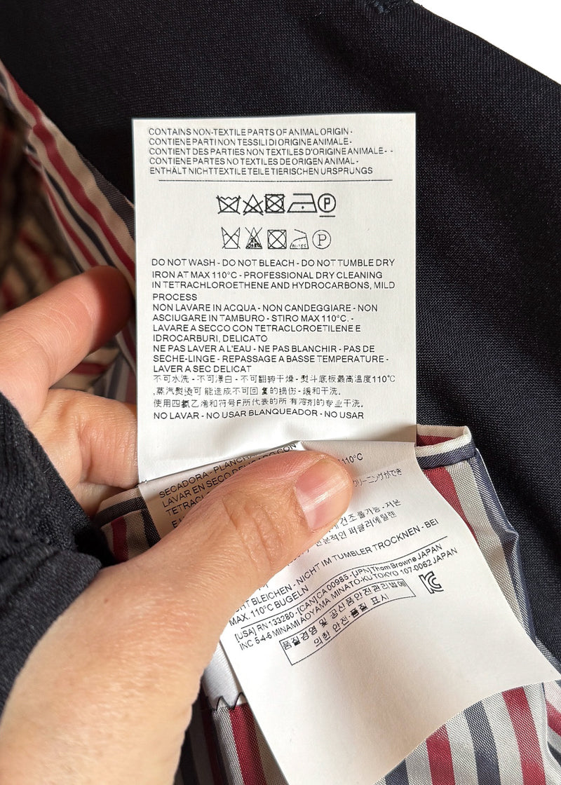 Care label of Thom Browne Navy Blue 4 Bands Wool Suit