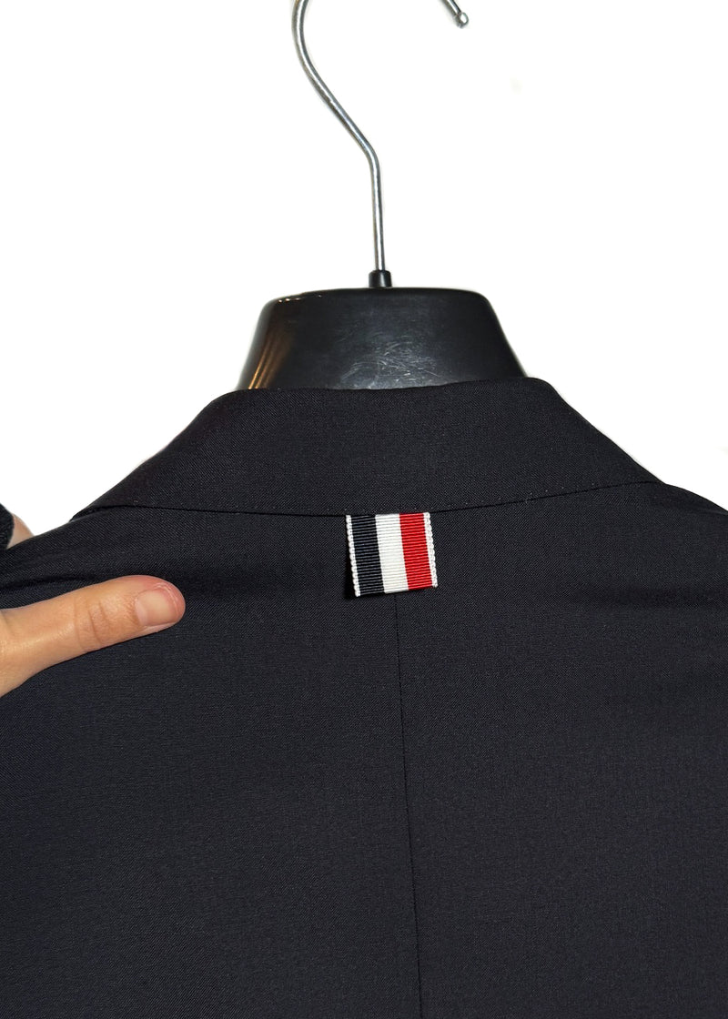 Back brand detail of Thom Browne Navy Blue 4 Bands Wool Suit