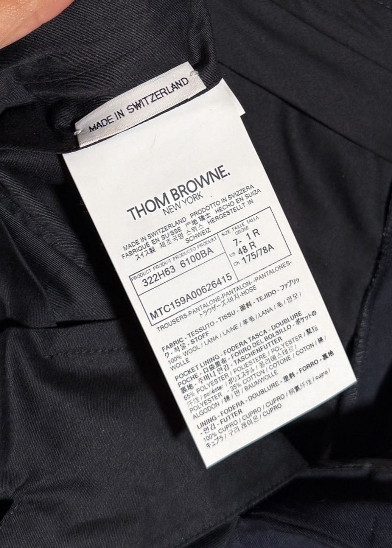 Origin and material labels of Thom Browne Navy Blue 4 Bands Wool Suit