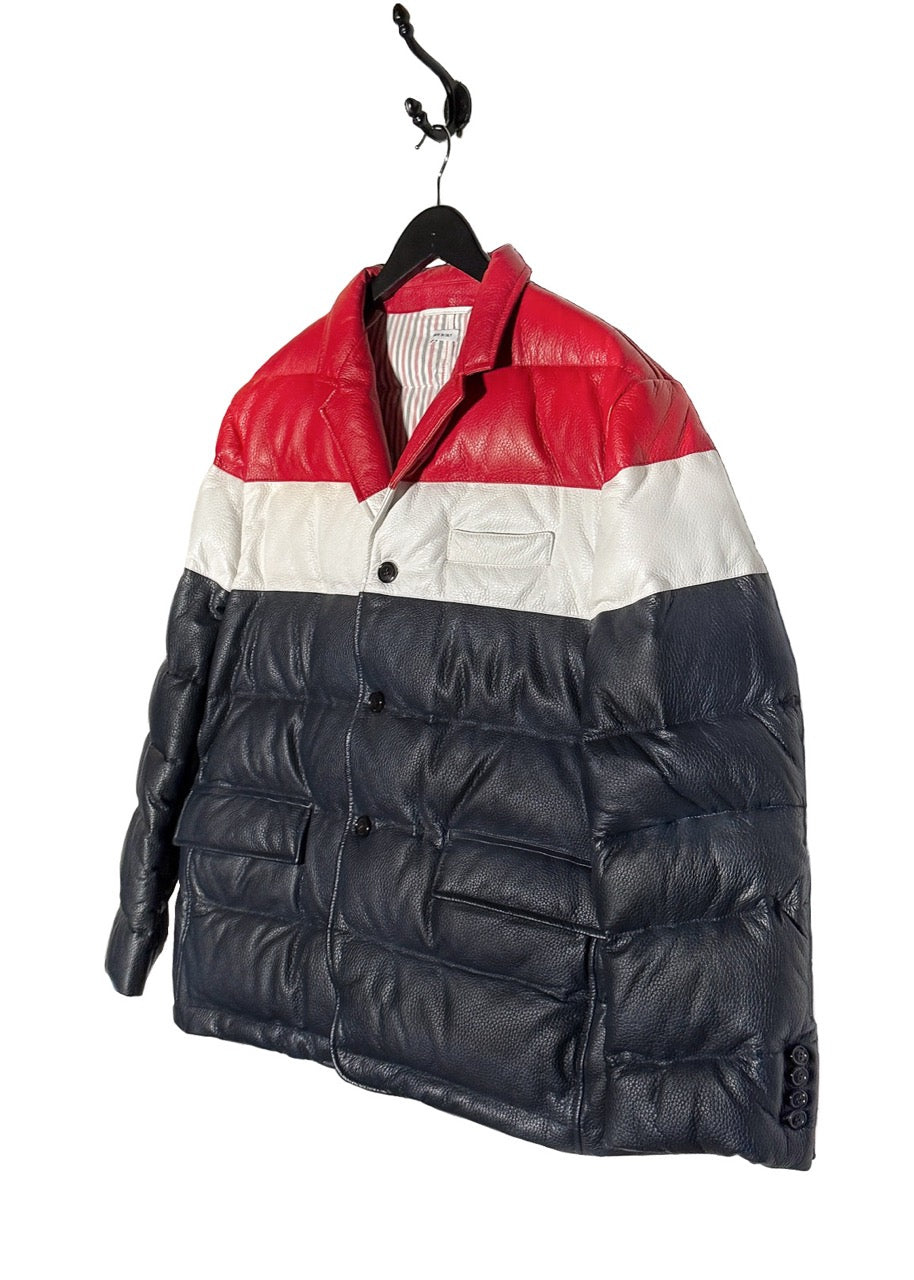 Side front view of Thom Browne Tricolour Deerskin Leather Down Blazer Jacket