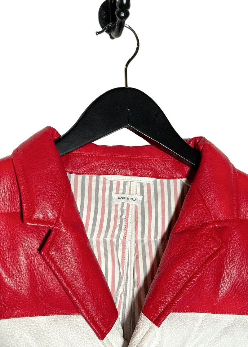Collar area of Thom Browne Tricolour Deerskin Leather Down Blazer Jacket