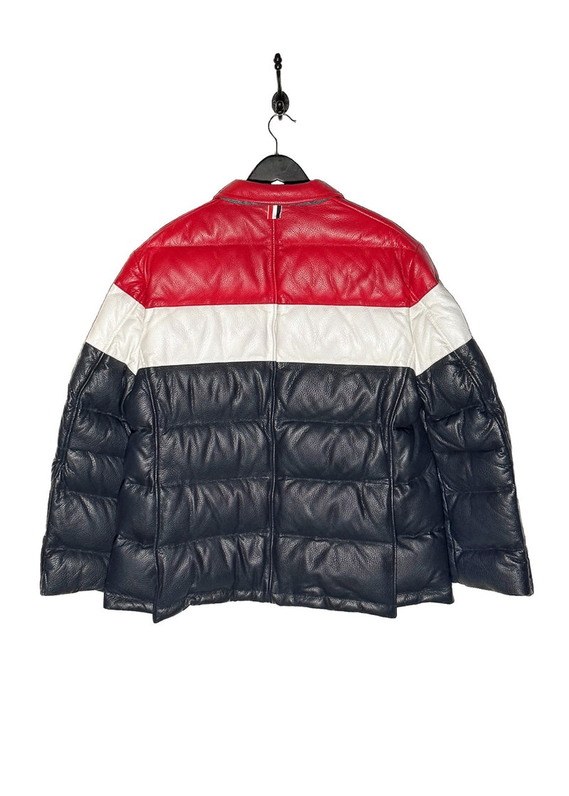 Back view of Thom Browne Tricolour Deerskin Leather Down Blazer Jacket