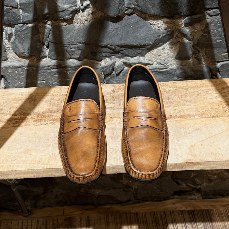 Top view of Tod's Beige Yellow Leather Penny Driving Loafers