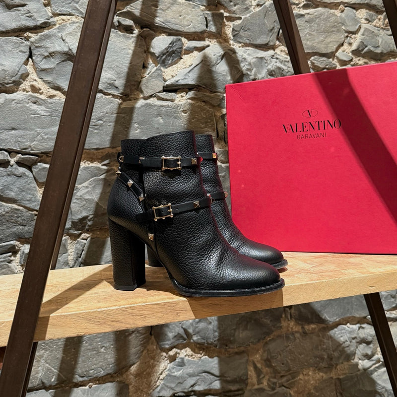 Main photo of Valentino Black Grained  Leather Rockstud Heeled Ankle Boots