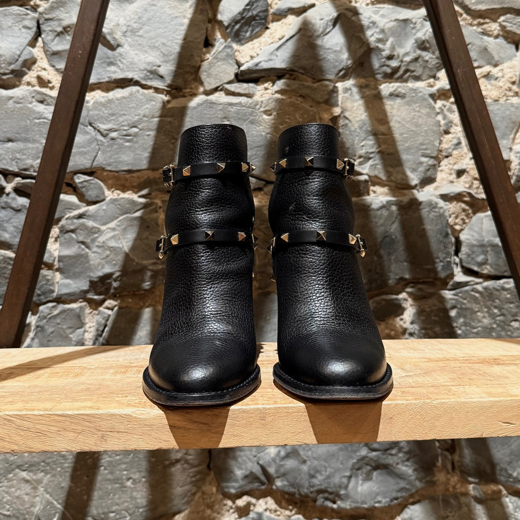 Front view of Valentino Black Grained  Leather Rockstud Heeled Ankle Boots