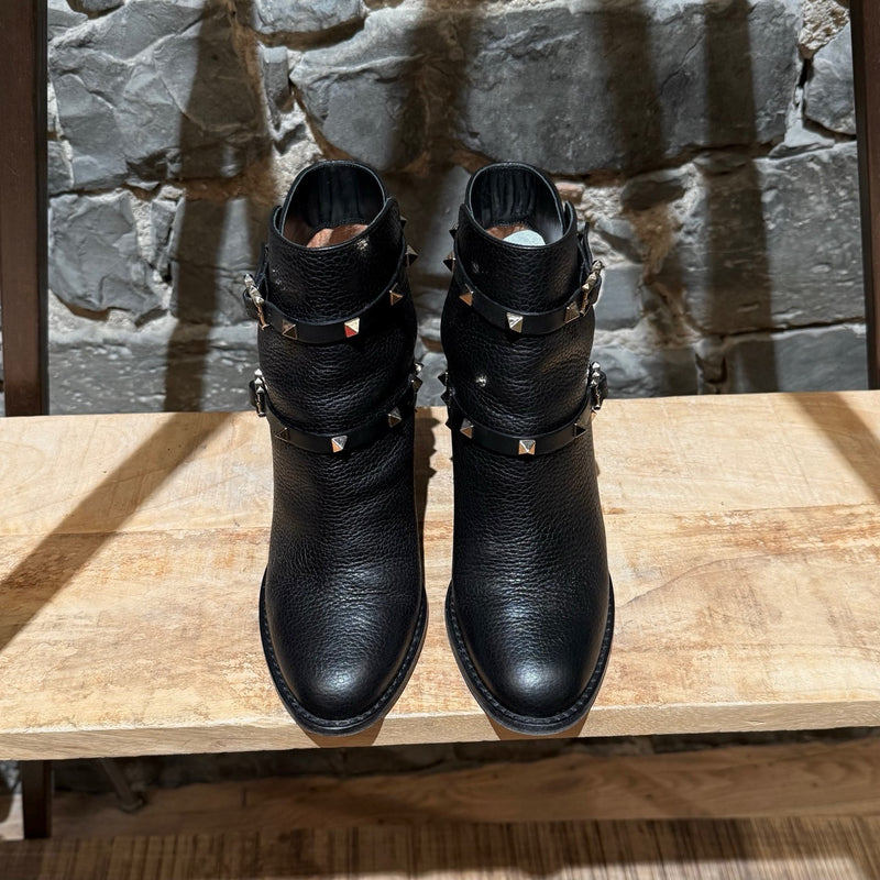 Top view of Valentino Black Grained  Leather Rockstud Heeled Ankle Boots